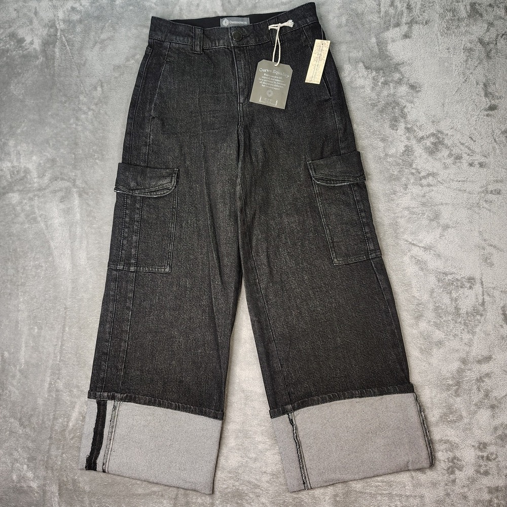 Democracy‎ Skyrise Jeans Womens 4 Black Cuffed Wide Leg Cargo Pants Boho New